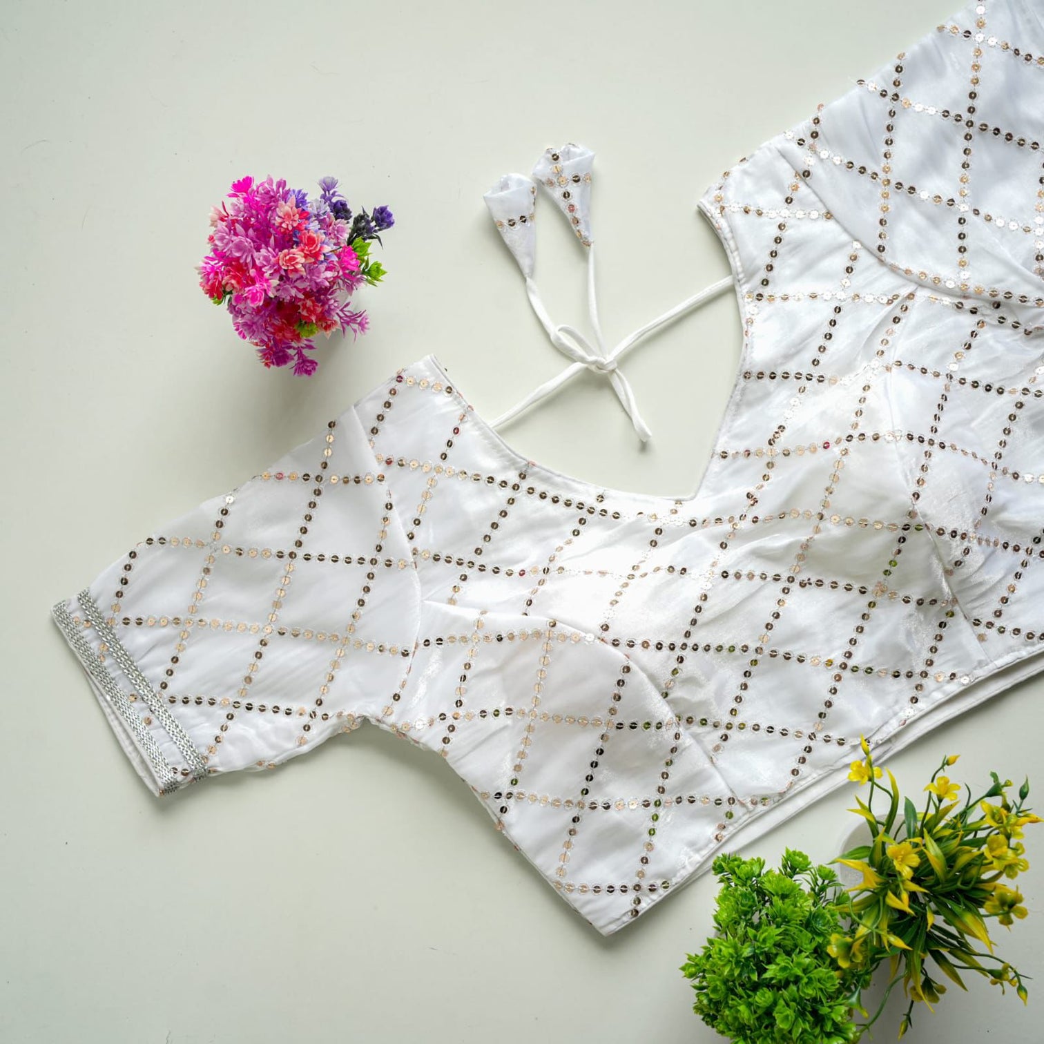 White Metalic Blouse with Exquisite Sequence Embroidery
