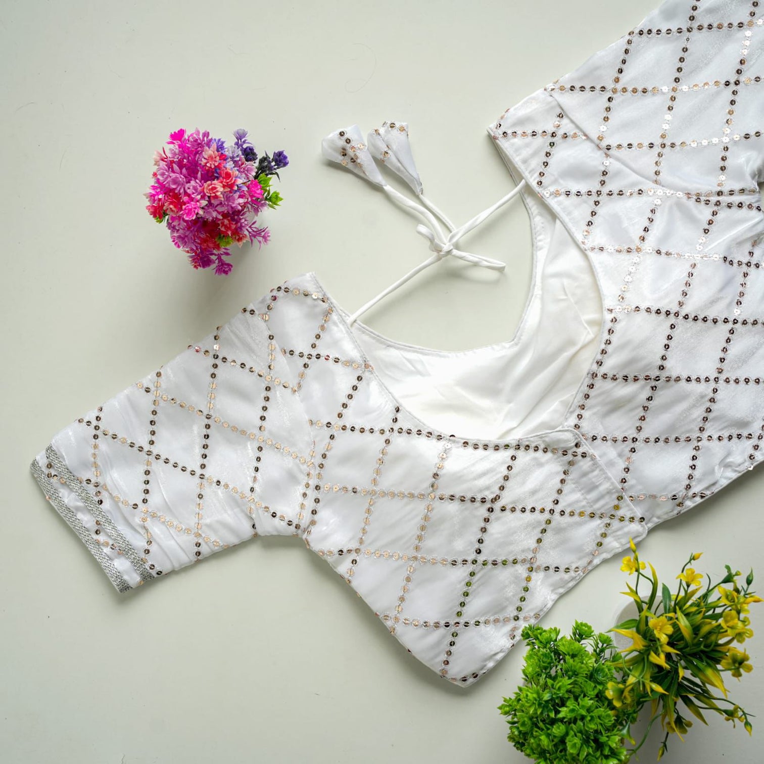 White Metalic Blouse with Exquisite Sequence Embroidery