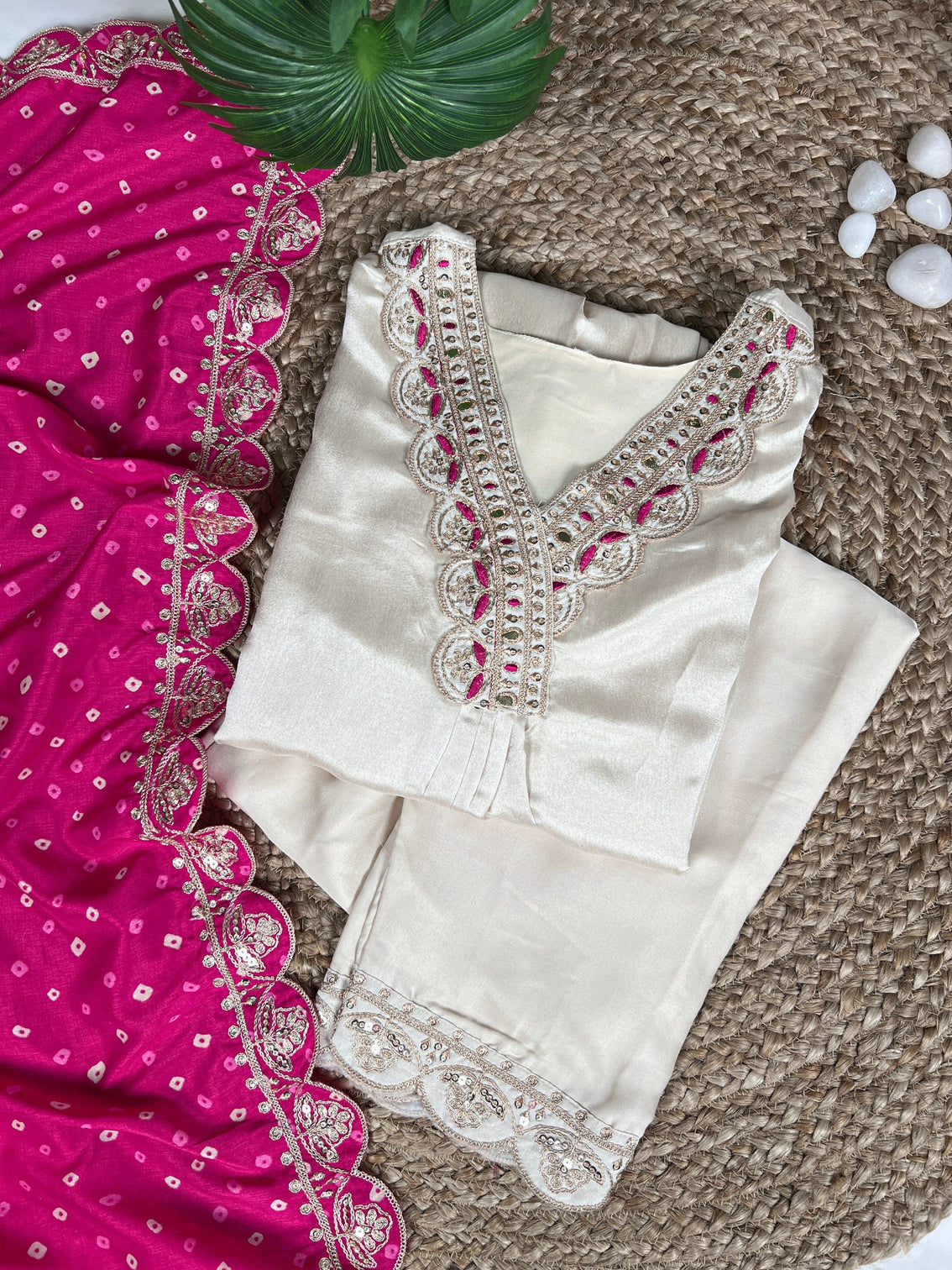 White Moonga Silk Embroidered Co-ord Set with Tasar Silk Badhej Dupatta