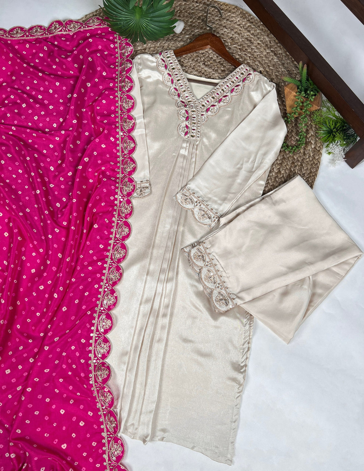 White Moonga Silk Embroidered Co-ord Set with Tasar Silk Badhej Dupatta