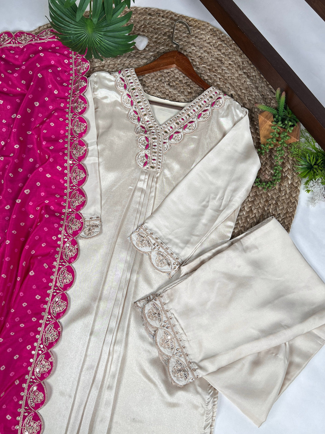 White Moonga Silk Embroidered Co-ord Set with Tasar Silk Badhej Dupatta