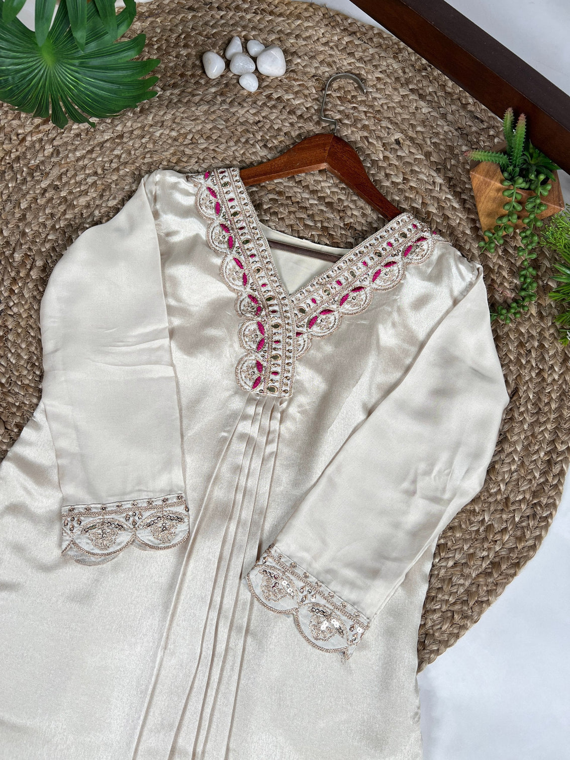 White Moonga Silk Embroidered Co-ord Set with Tasar Silk Badhej Dupatta