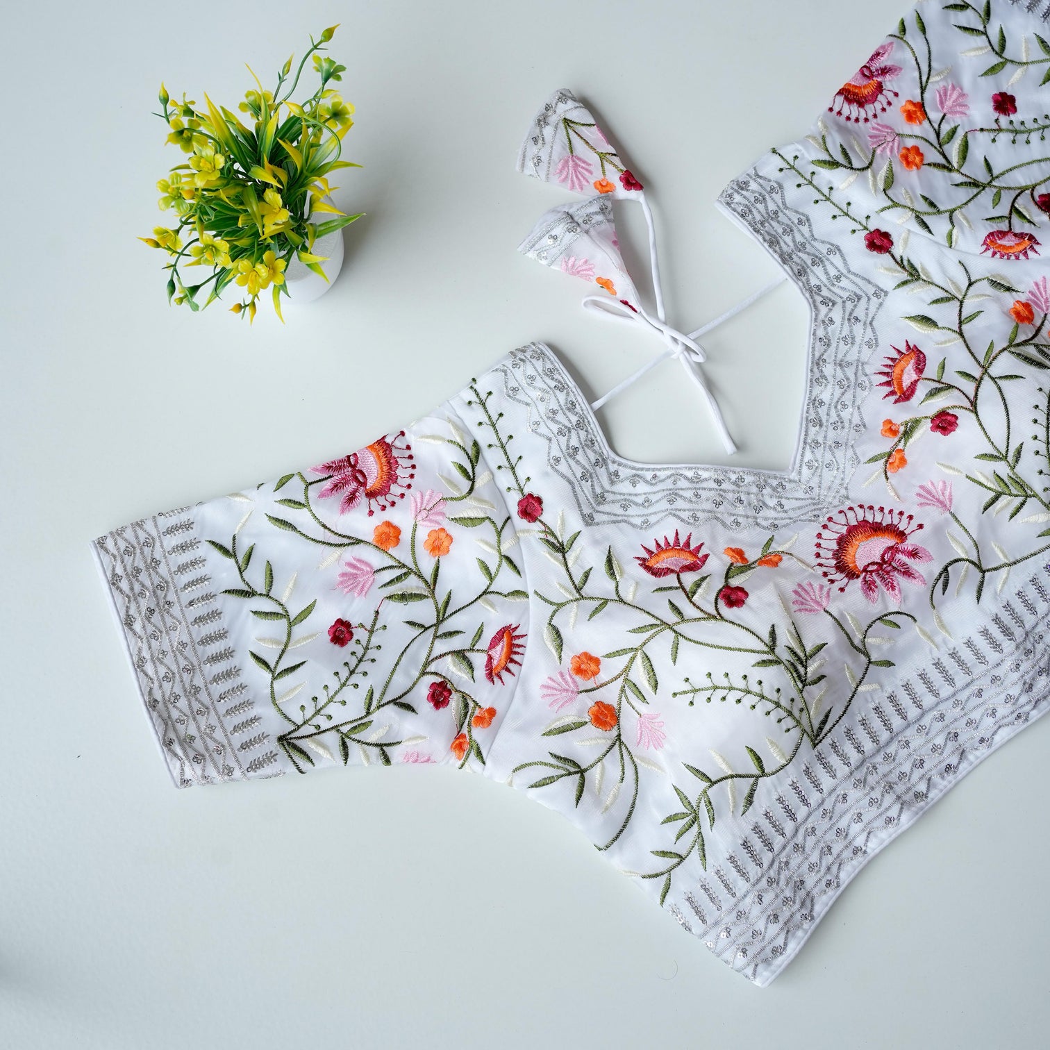 White Multi-Color Embroidered Silk Blouse