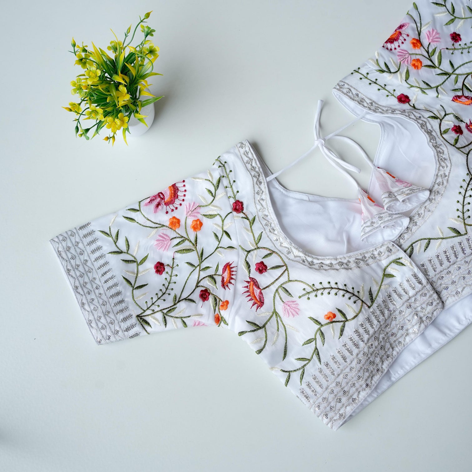 White Multi-Color Embroidered Silk Blouse