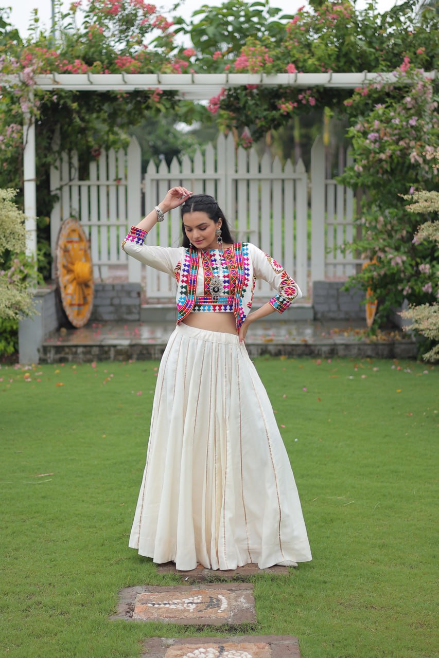 White Navratri Special Roman Fabric Lehenga Set with Kutchi Gamthi Embroidery & Gota Patti Lace