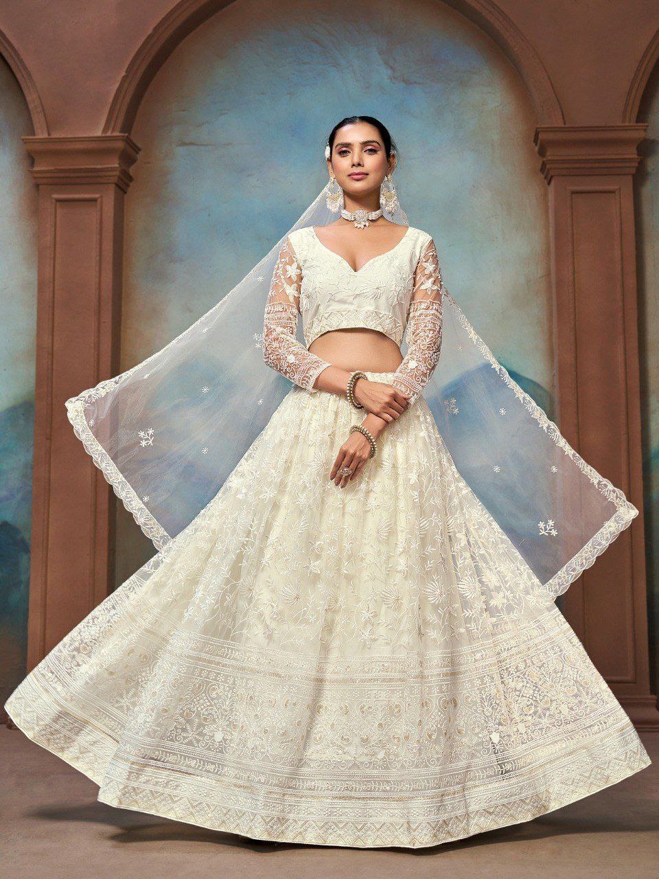 White Net Zari & Sequin Embroidered Semi-Stitched Lehenga Choli with Matching Net Embroidered Dupatta