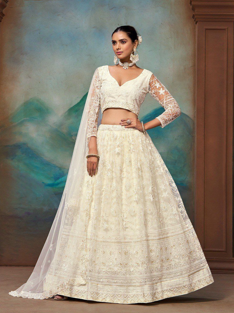 White Net Zari & Sequin Embroidered Semi-Stitched Lehenga Choli with Matching Net Embroidered Dupatta