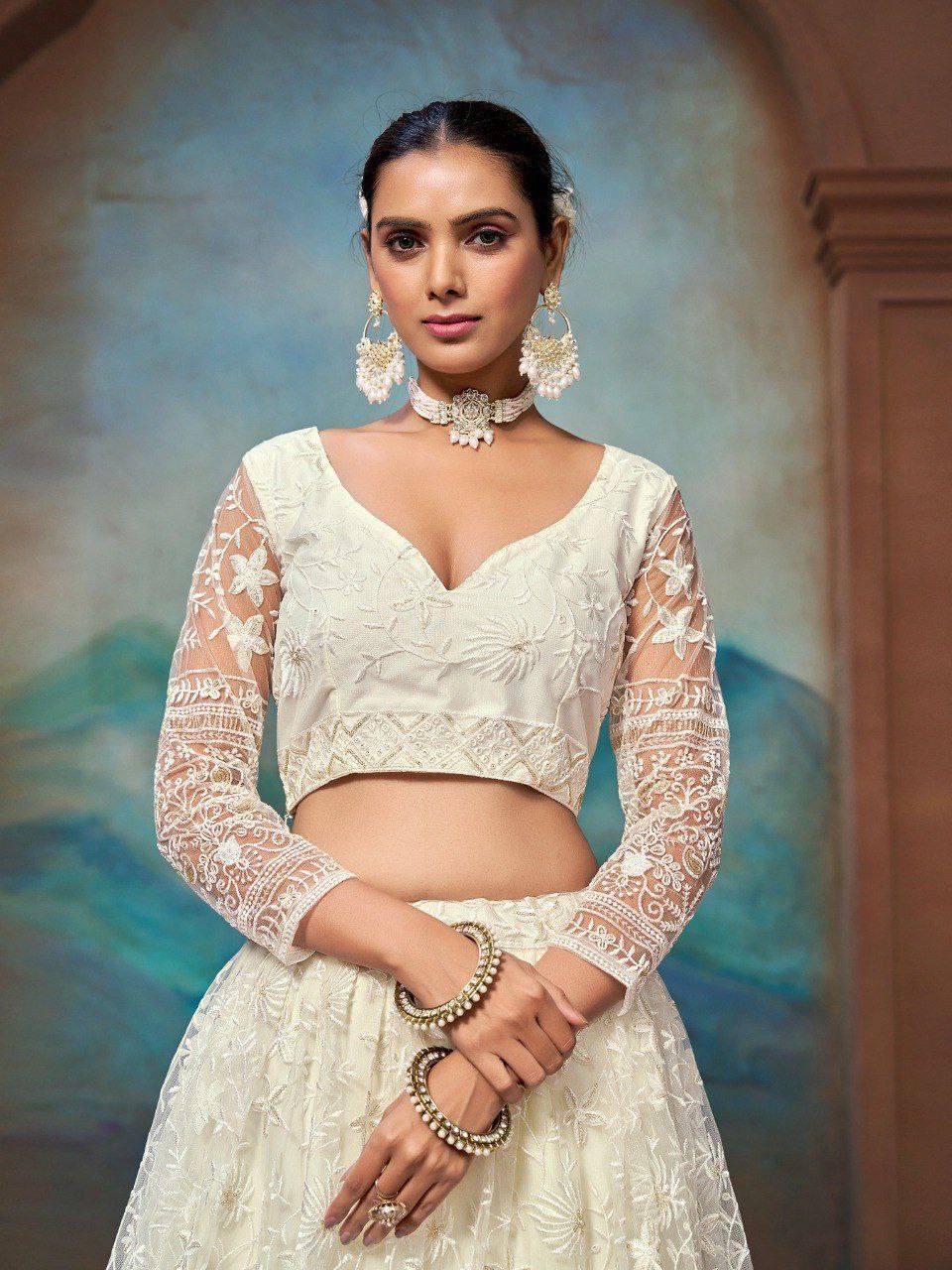 White Net Zari & Sequin Embroidered Semi-Stitched Lehenga Choli with Matching Net Embroidered Dupatta