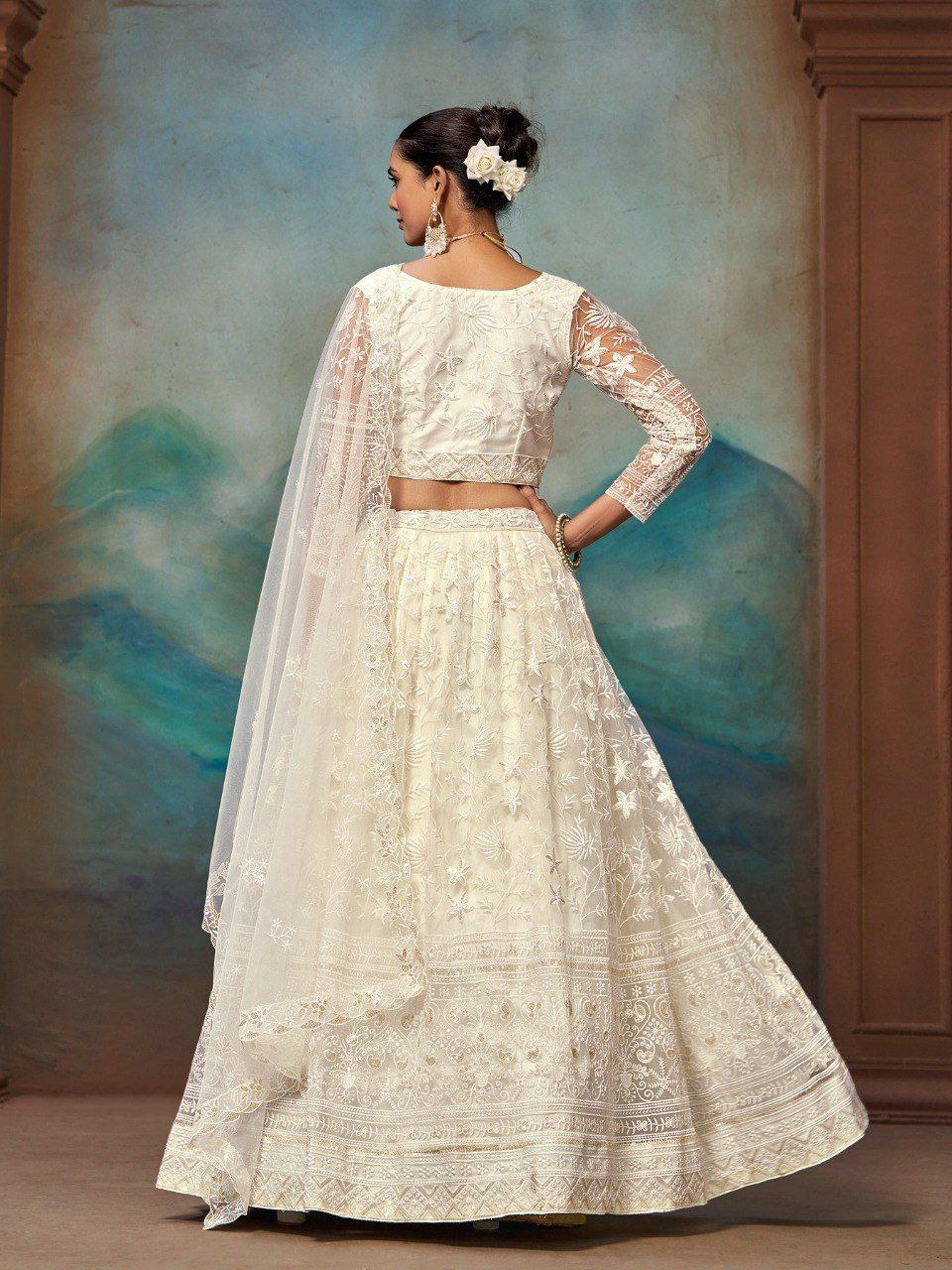 White Net Zari & Sequin Embroidered Semi-Stitched Lehenga Choli with Matching Net Embroidered Dupatta