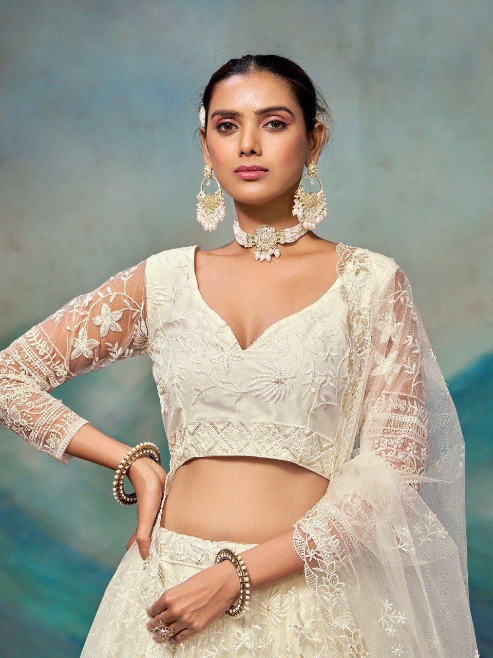 White Net Zari & Sequin Embroidered Semi-Stitched Lehenga Choli with Matching Net Embroidered Dupatta