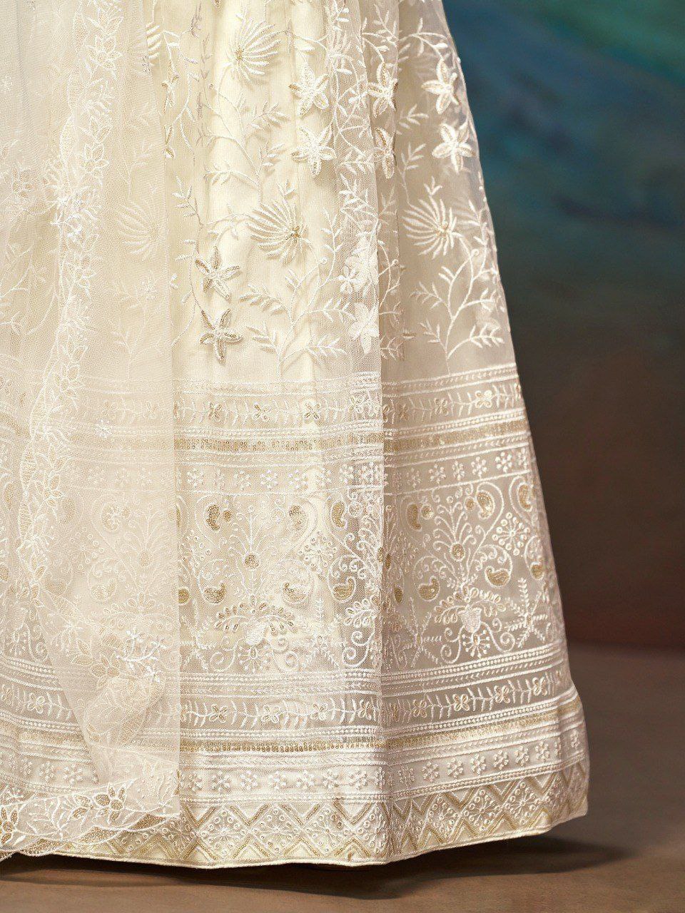White Net Zari & Sequin Embroidered Semi-Stitched Lehenga Choli with Matching Net Embroidered Dupatta