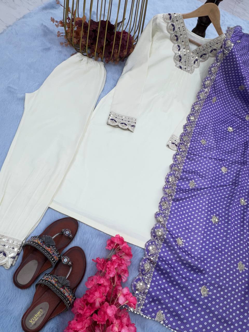 White Designer Party Wear Fancy Top, Bottom & Printed Dupatta Set