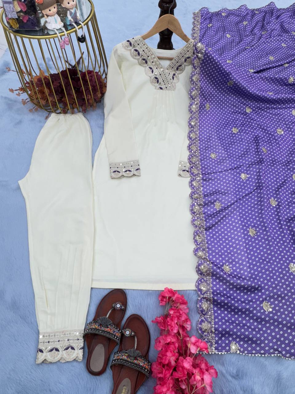 White Designer Party Wear Fancy Top, Bottom & Printed Dupatta Set