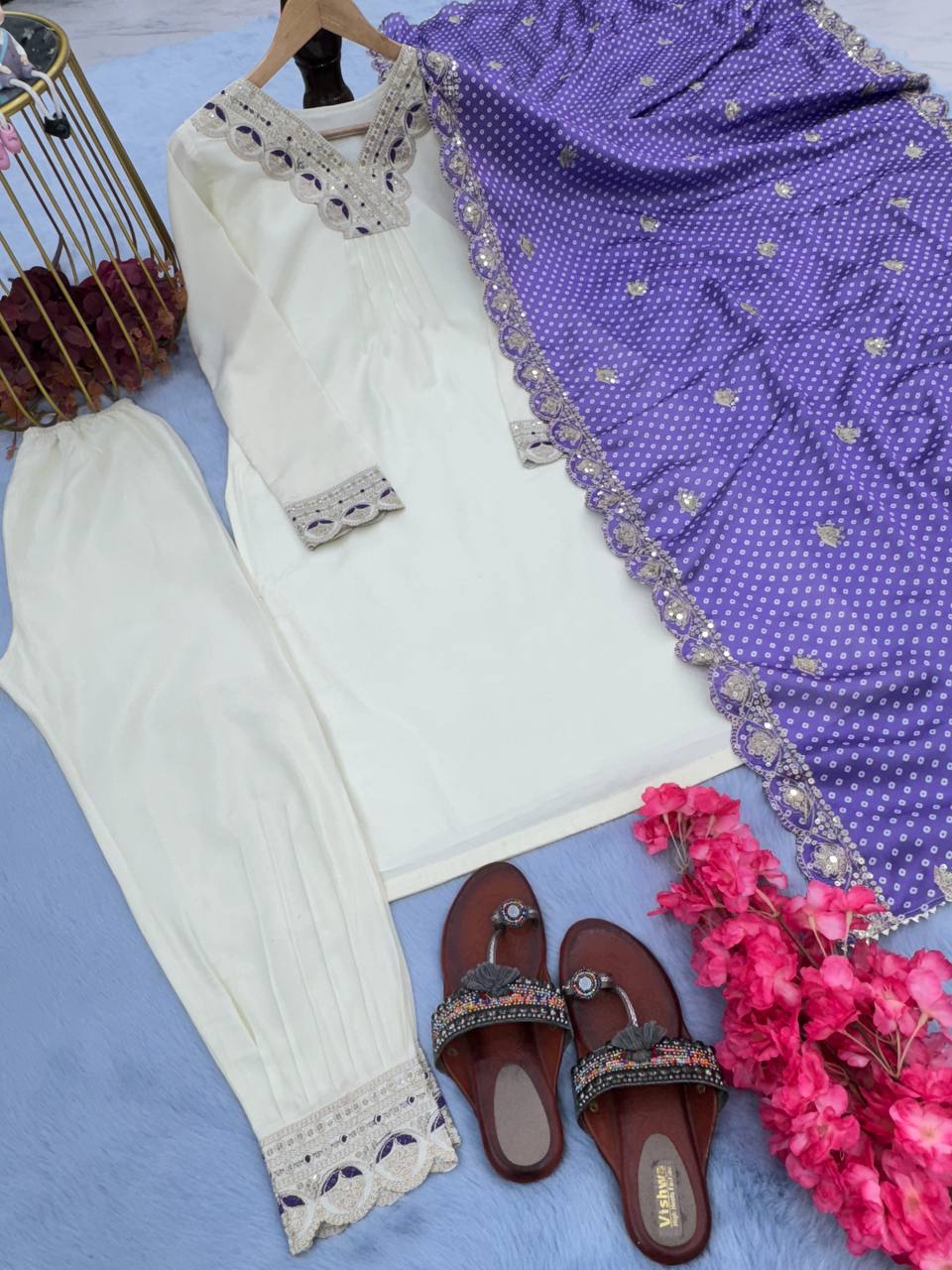 White Designer Party Wear Fancy Top, Bottom & Printed Dupatta Set