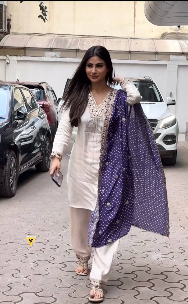 White Designer Party Wear Fancy Top, Bottom & Printed Dupatta Set