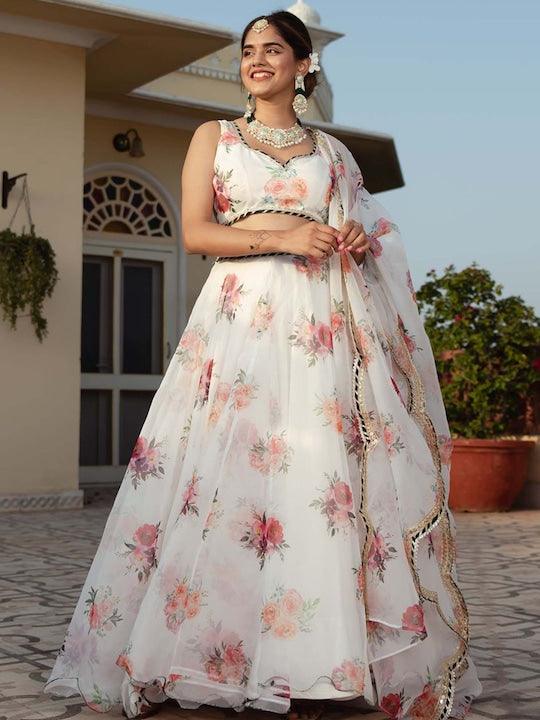 White Organza Printed floral lehenga Choli