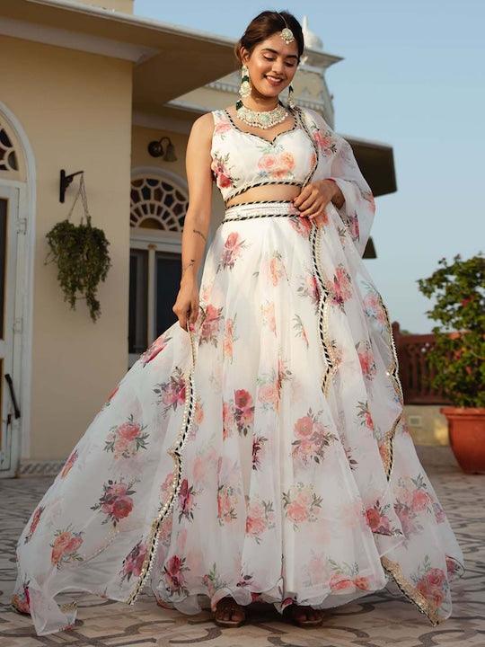 White Organza Printed floral lehenga Choli