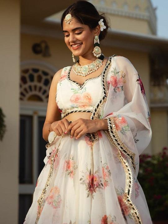 White Organza Printed floral lehenga Choli