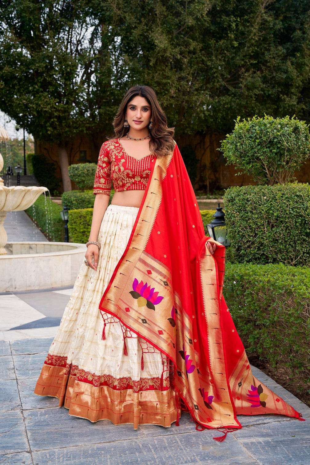 White Paithani Zari Lehenga Set with Dupatta