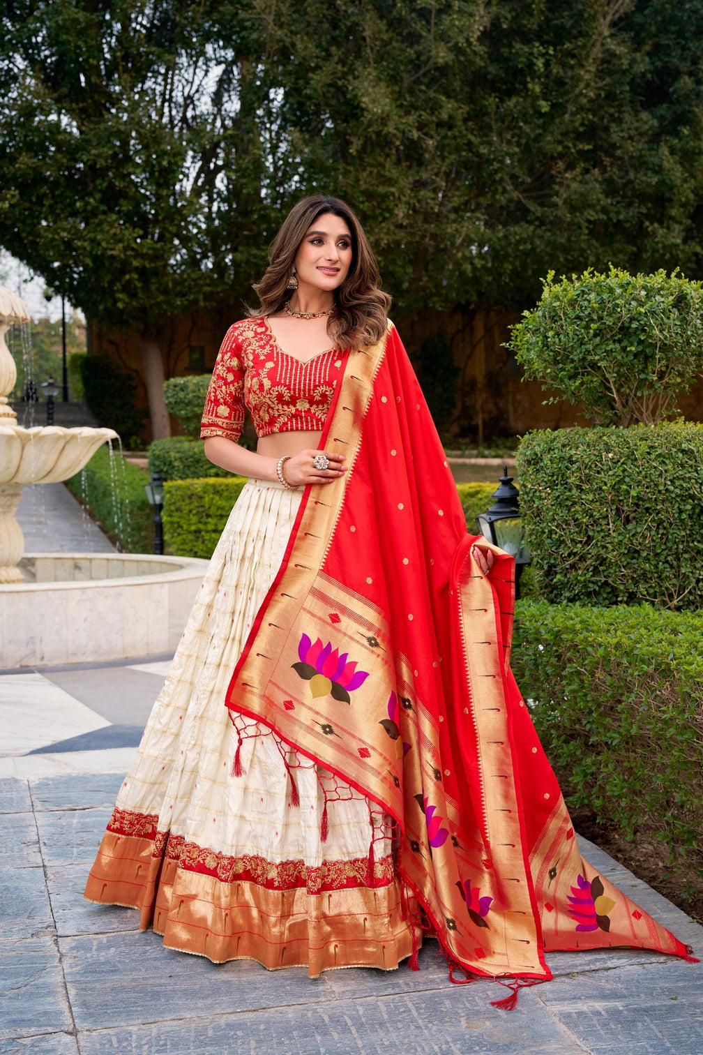 White Paithani Zari Lehenga Set with Dupatta