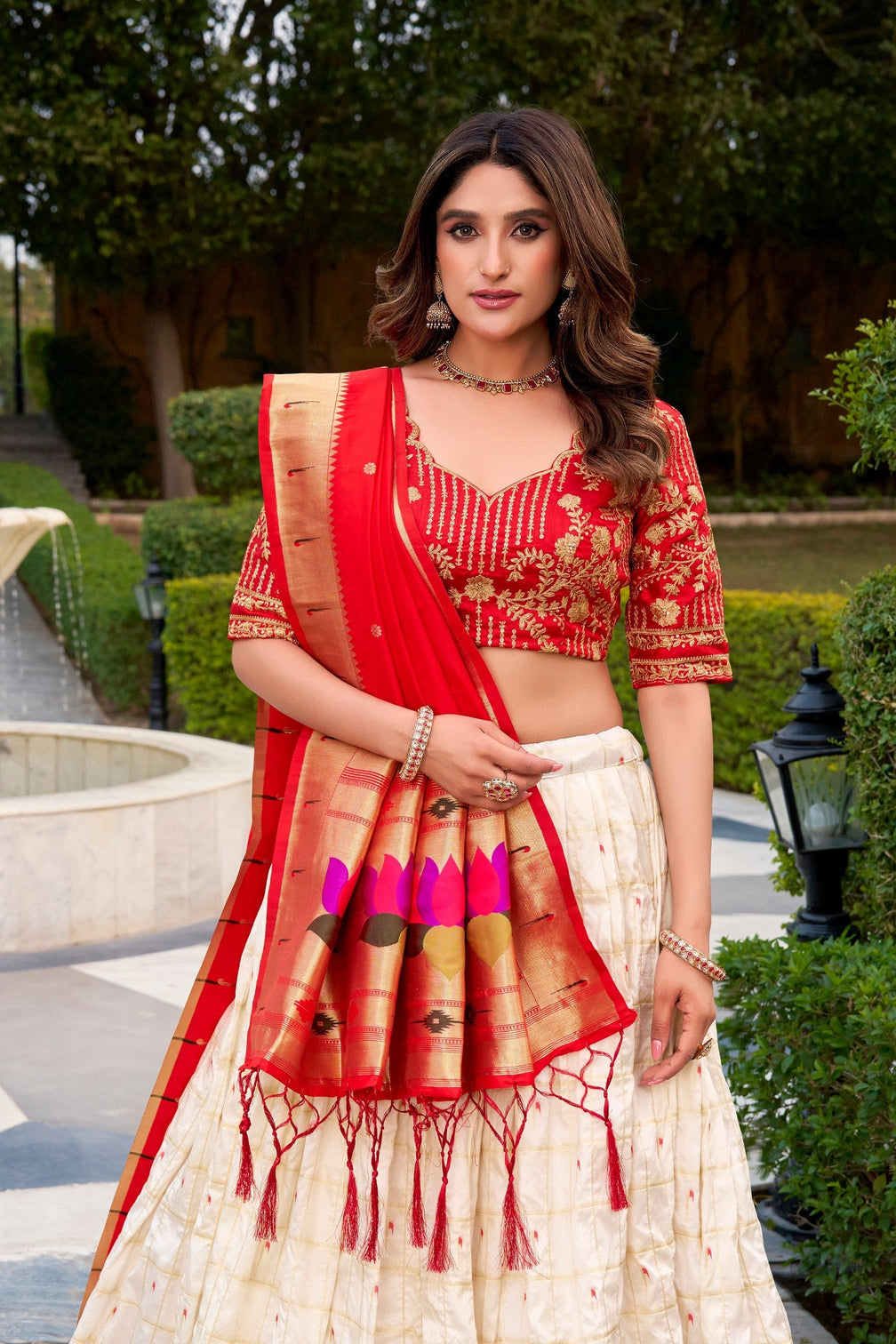 White Paithani Zari Lehenga Set with Dupatta