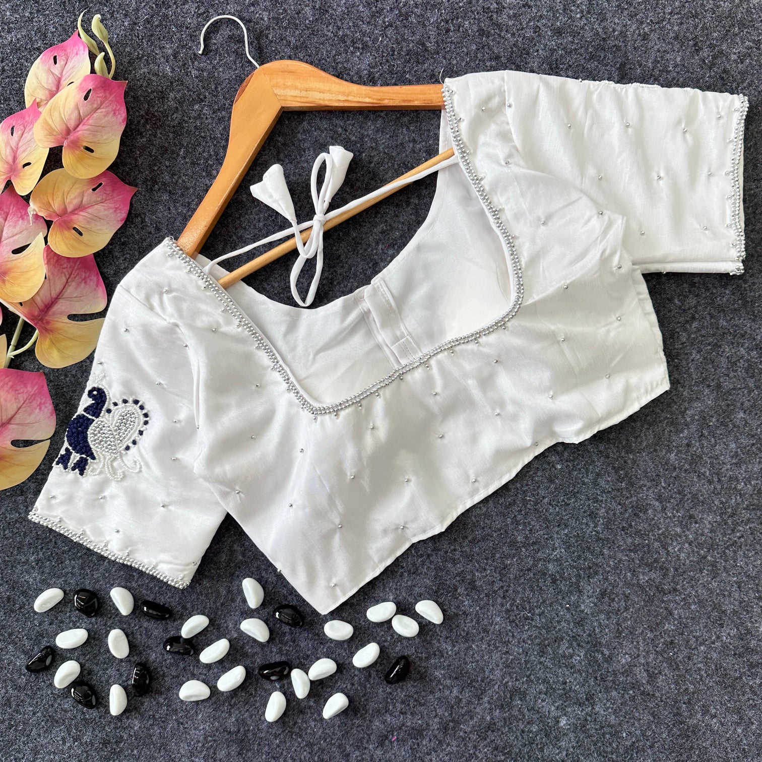 White Party Wear Blouse in Lemon Silk with Elegant Handwork and Knot Design