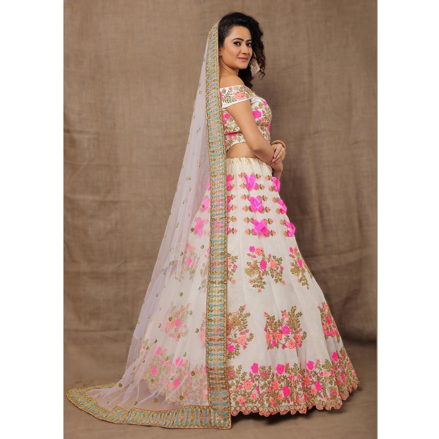 White Party Wear Embroidered Silk Lehenga Choli