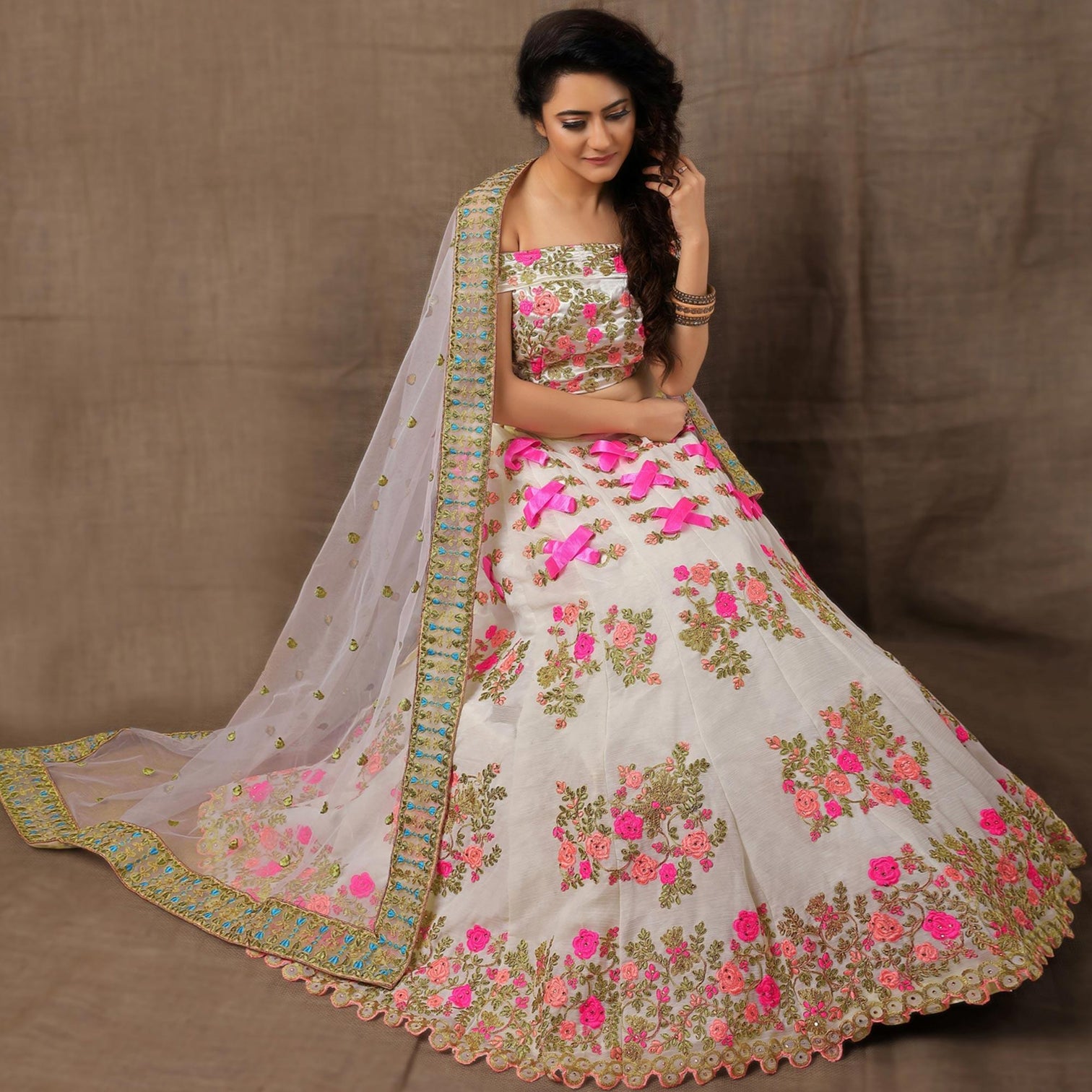White Party Wear Embroidered Silk Lehenga Choli