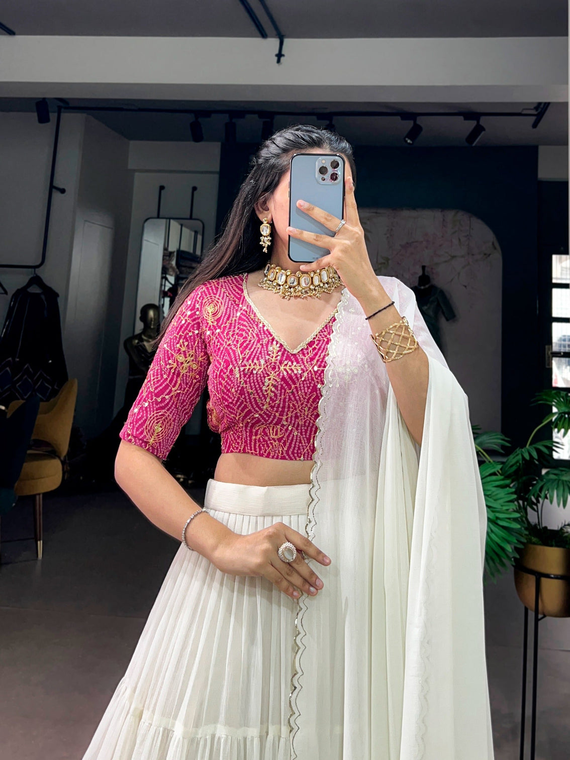 White Party Wear Lehenga Set