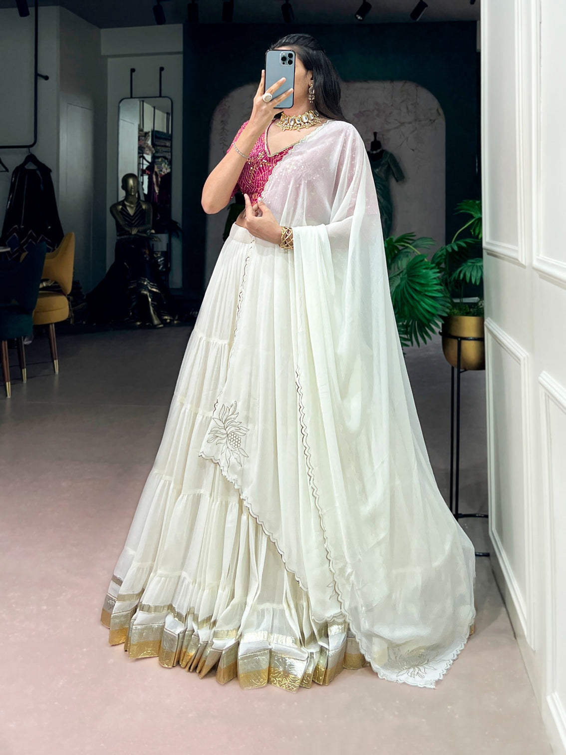 White Party Wear Lehenga Set