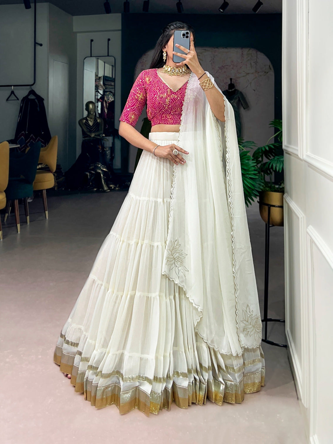 White Party Wear Lehenga Set