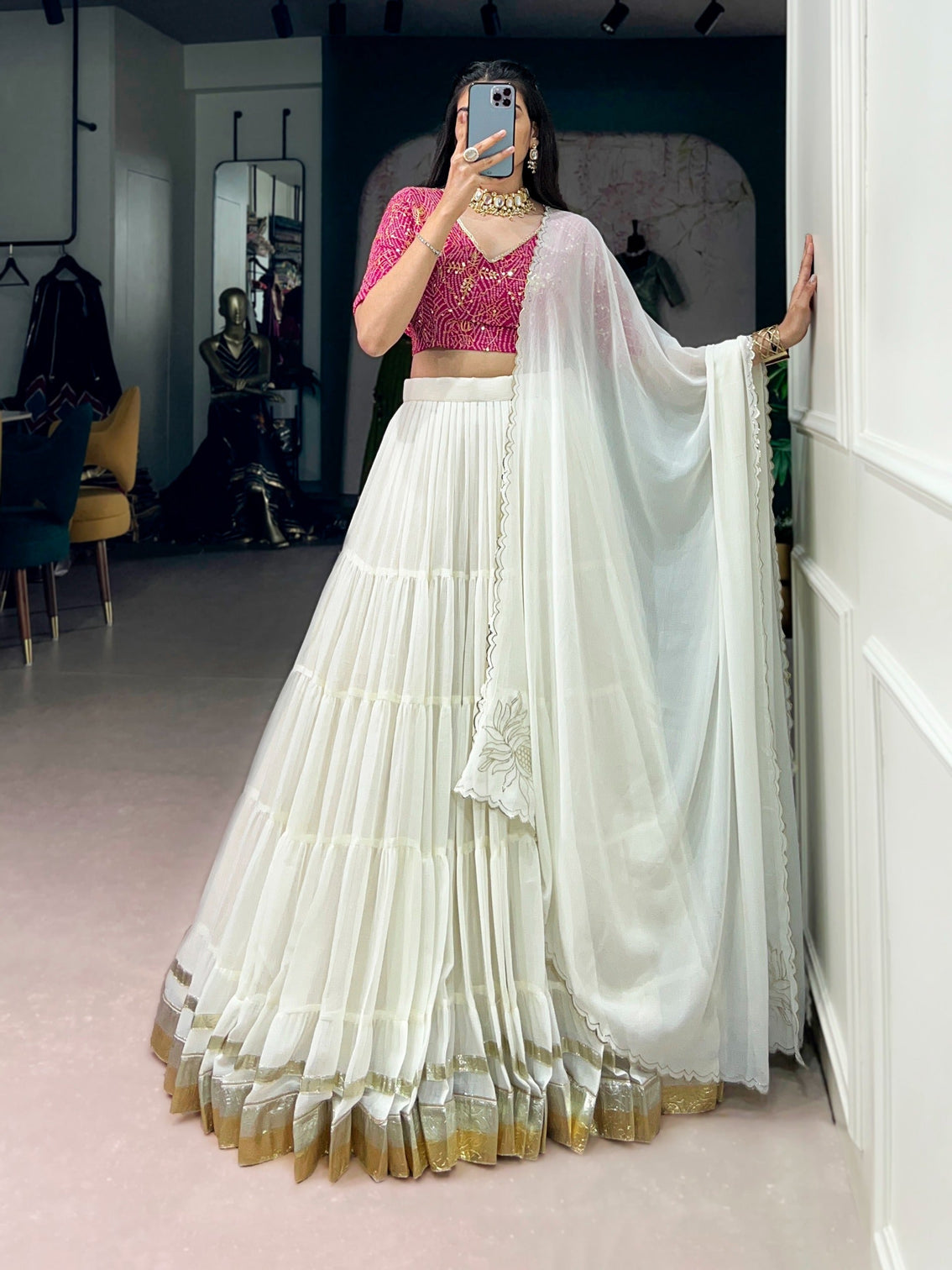 White Party Wear Lehenga Set