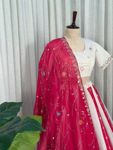 White Roman Silk Bridal Style Lehenga Set with Multi Thread Embroidery