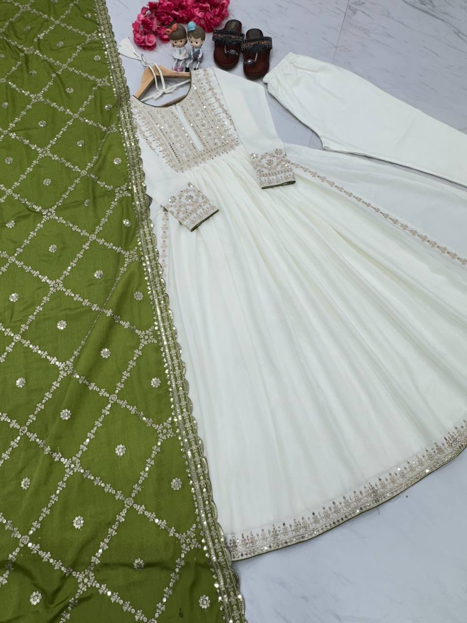 White Premium Designer Fancy Anarkali Gown Set