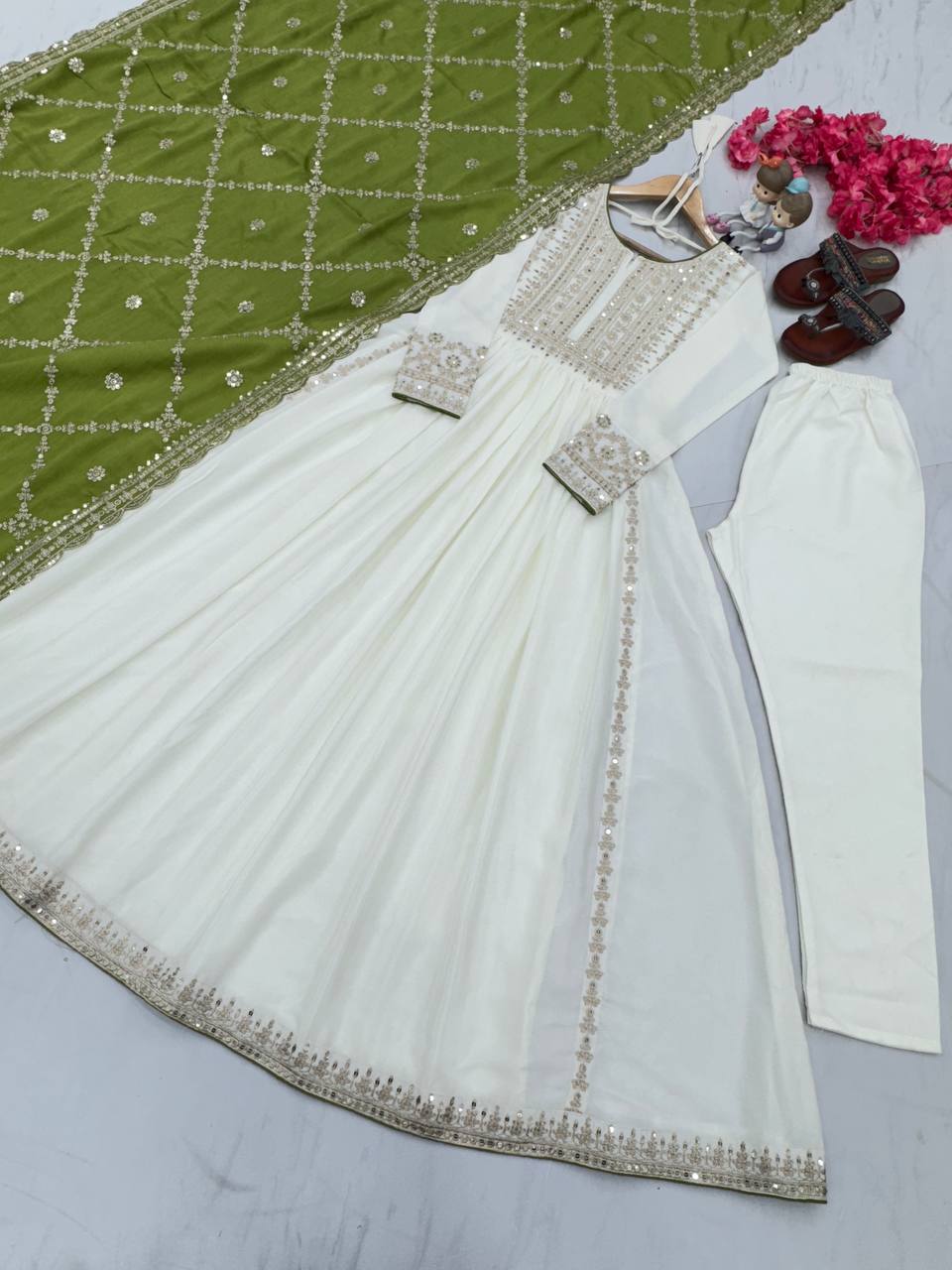 White Premium Designer Fancy Anarkali Gown Set