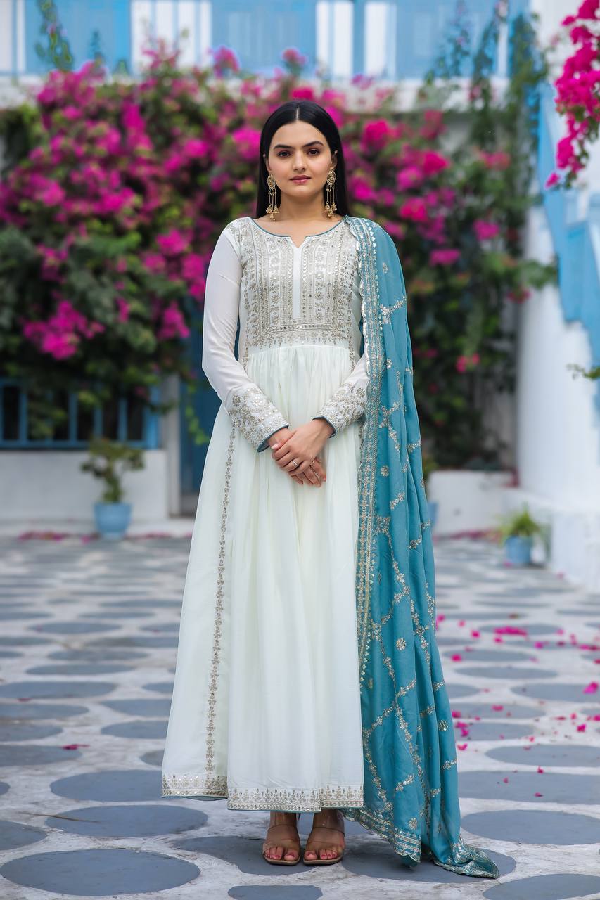 White Premium Designer Fancy Anarkali Gown Set