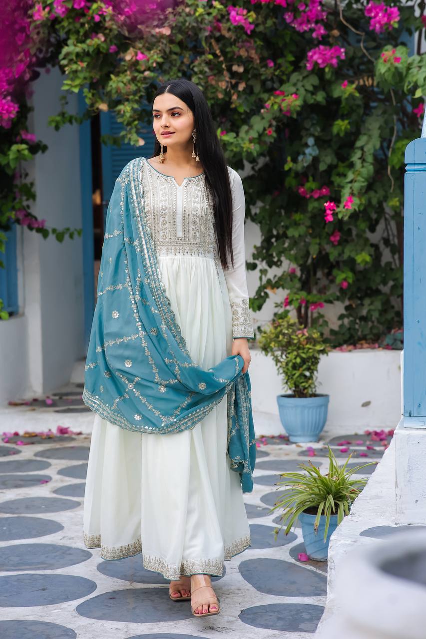White Premium Designer Fancy Anarkali Gown Set