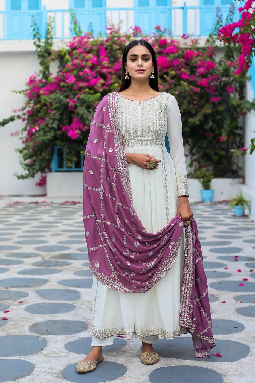 White Premium Designer Fancy Anarkali Gown Set