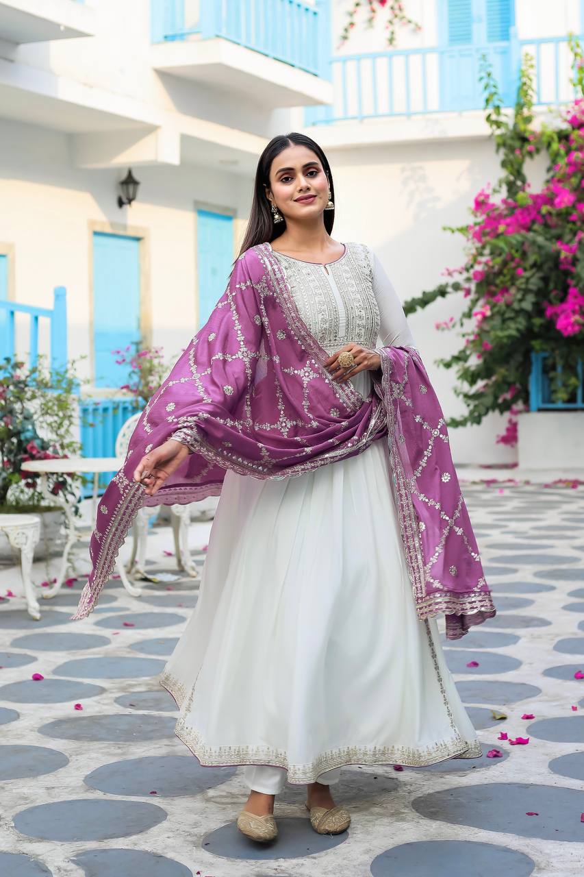 White Premium Designer Fancy Anarkali Gown Set