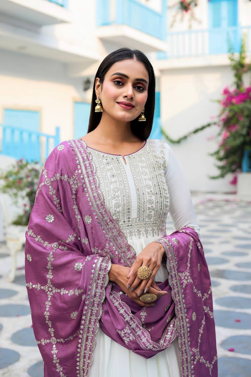White Premium Designer Fancy Anarkali Gown Set