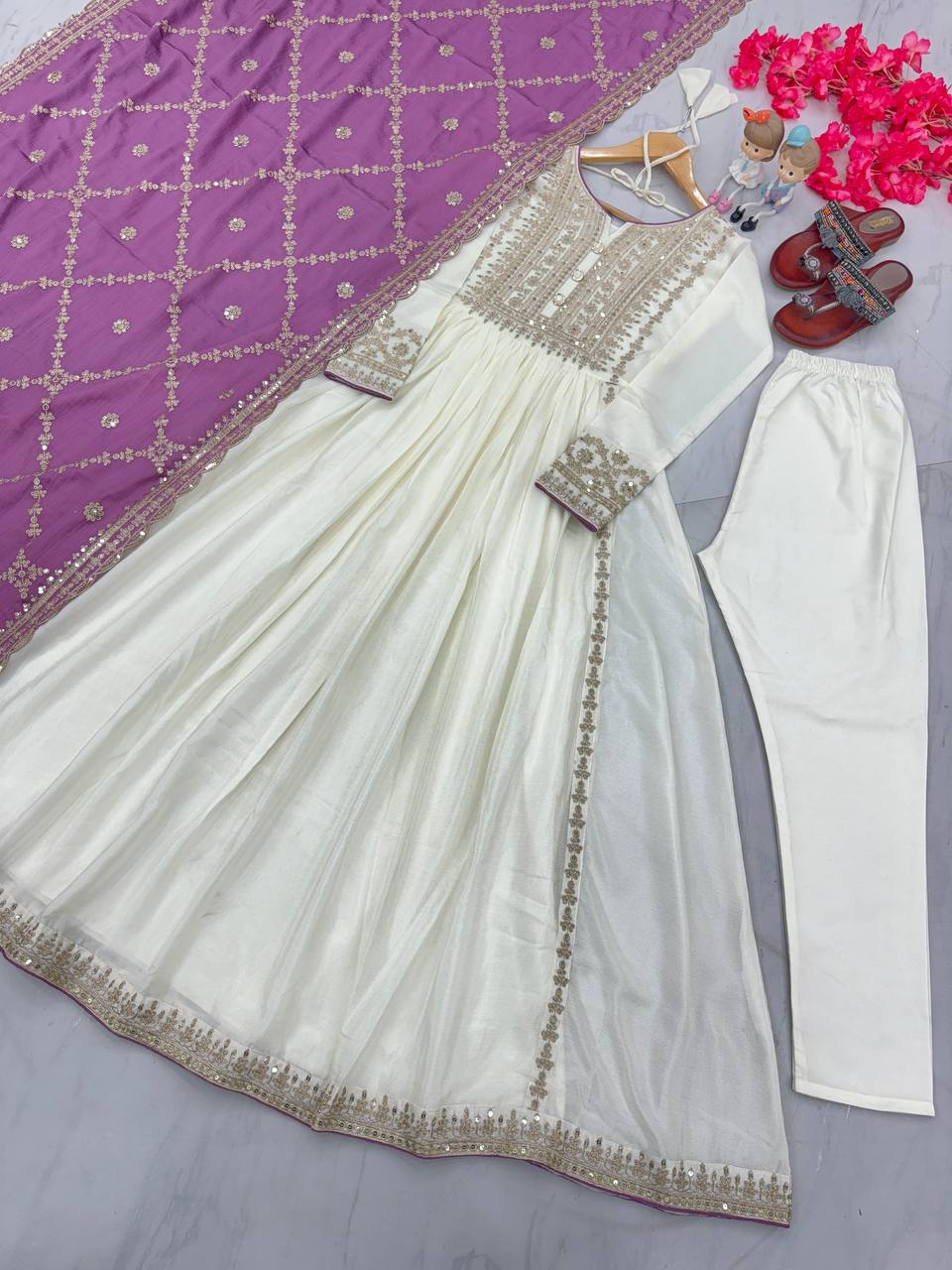 White Premium Designer Fancy Anarkali Gown Set