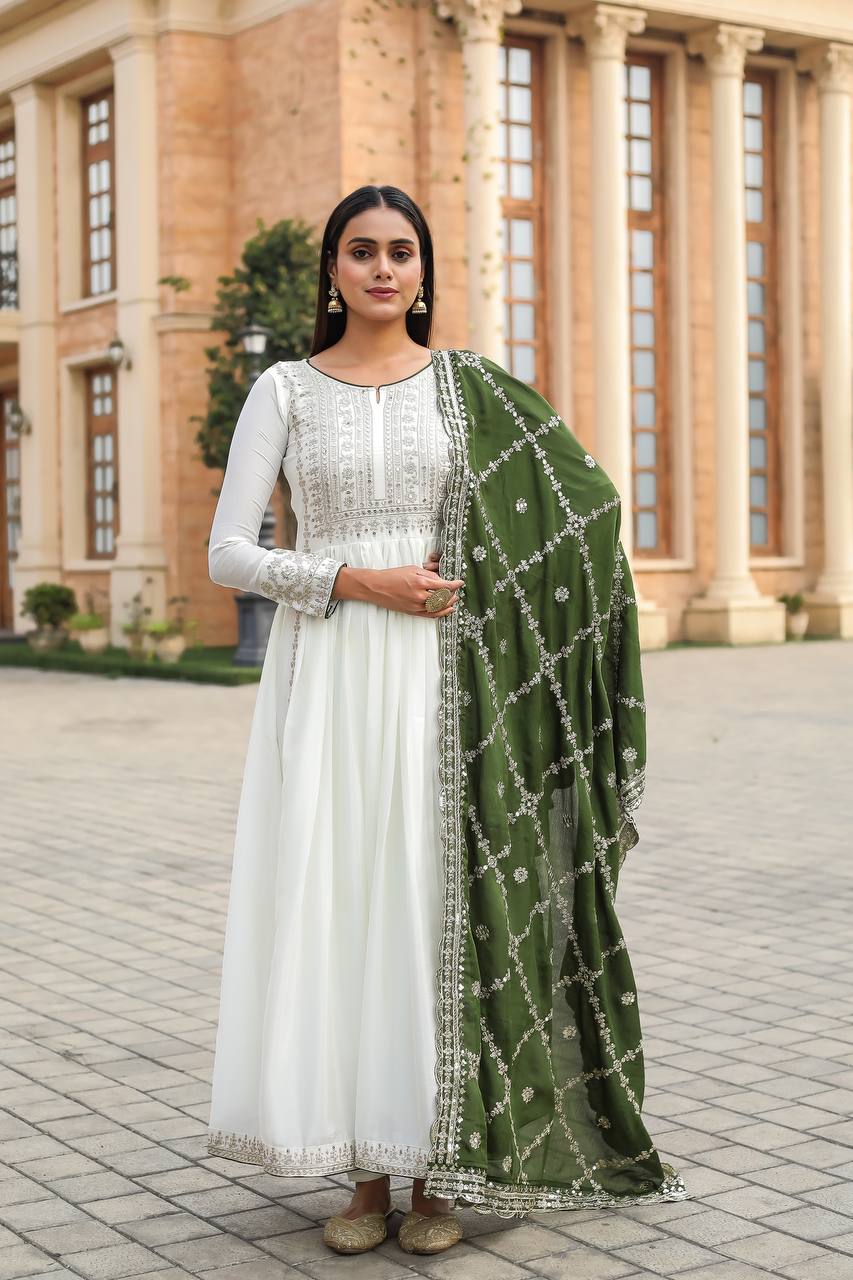 White Premium Designer Fancy Anarkali Gown Set