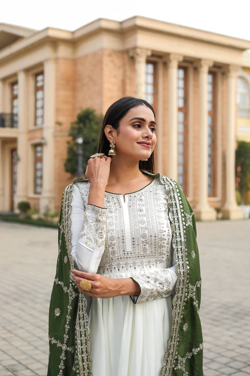 White Premium Designer Fancy Anarkali Gown Set