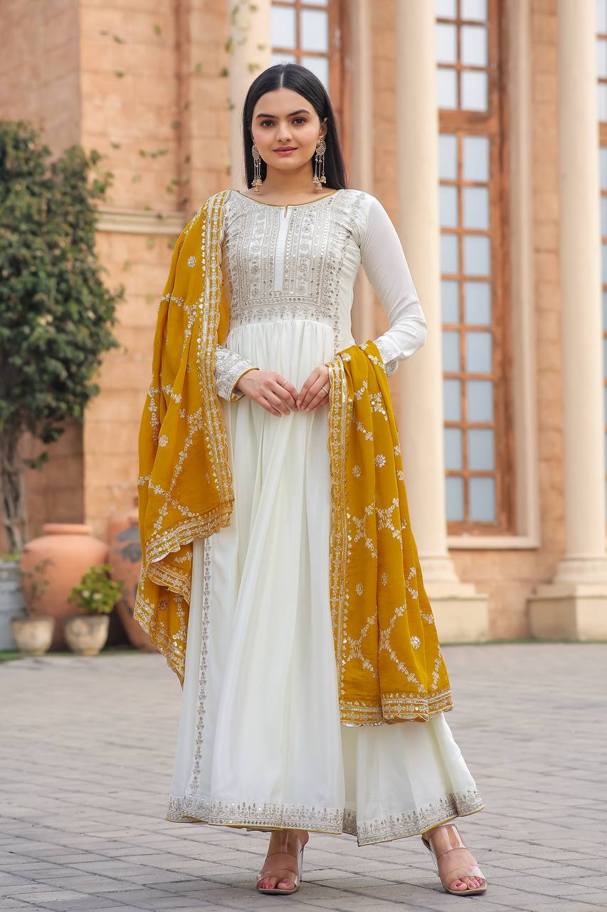 White Premium Designer Fancy Anarkali Gown Set