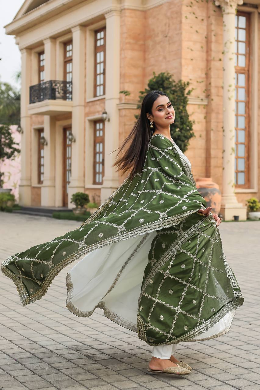 White Premium Designer Fancy Anarkali Gown Set