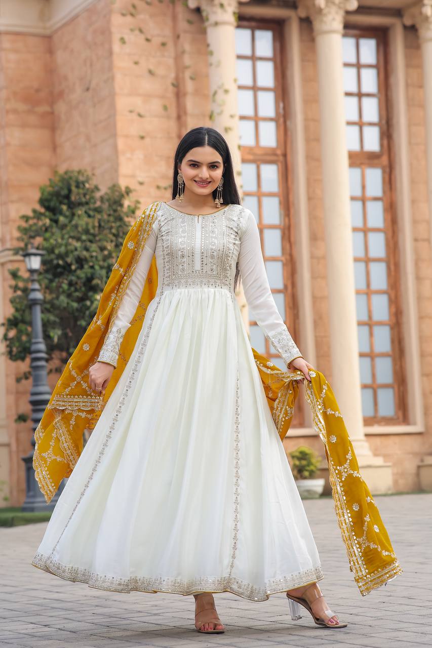White Premium Designer Fancy Anarkali Gown Set