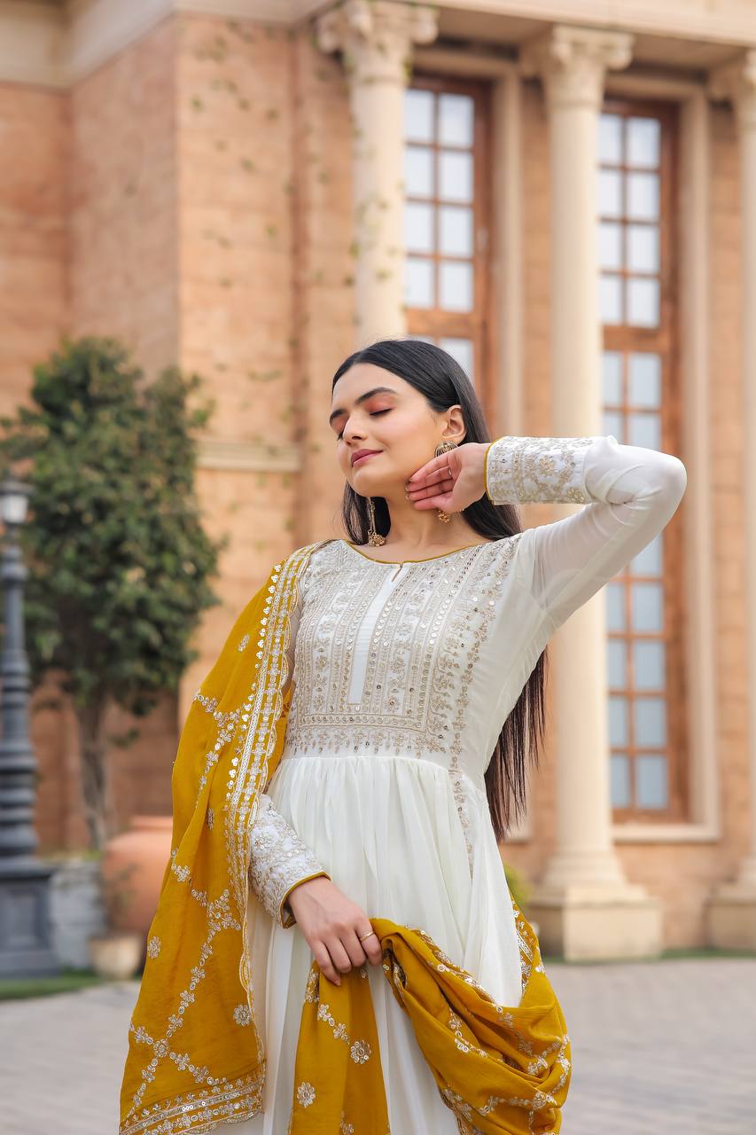 White Premium Designer Fancy Anarkali Gown Set