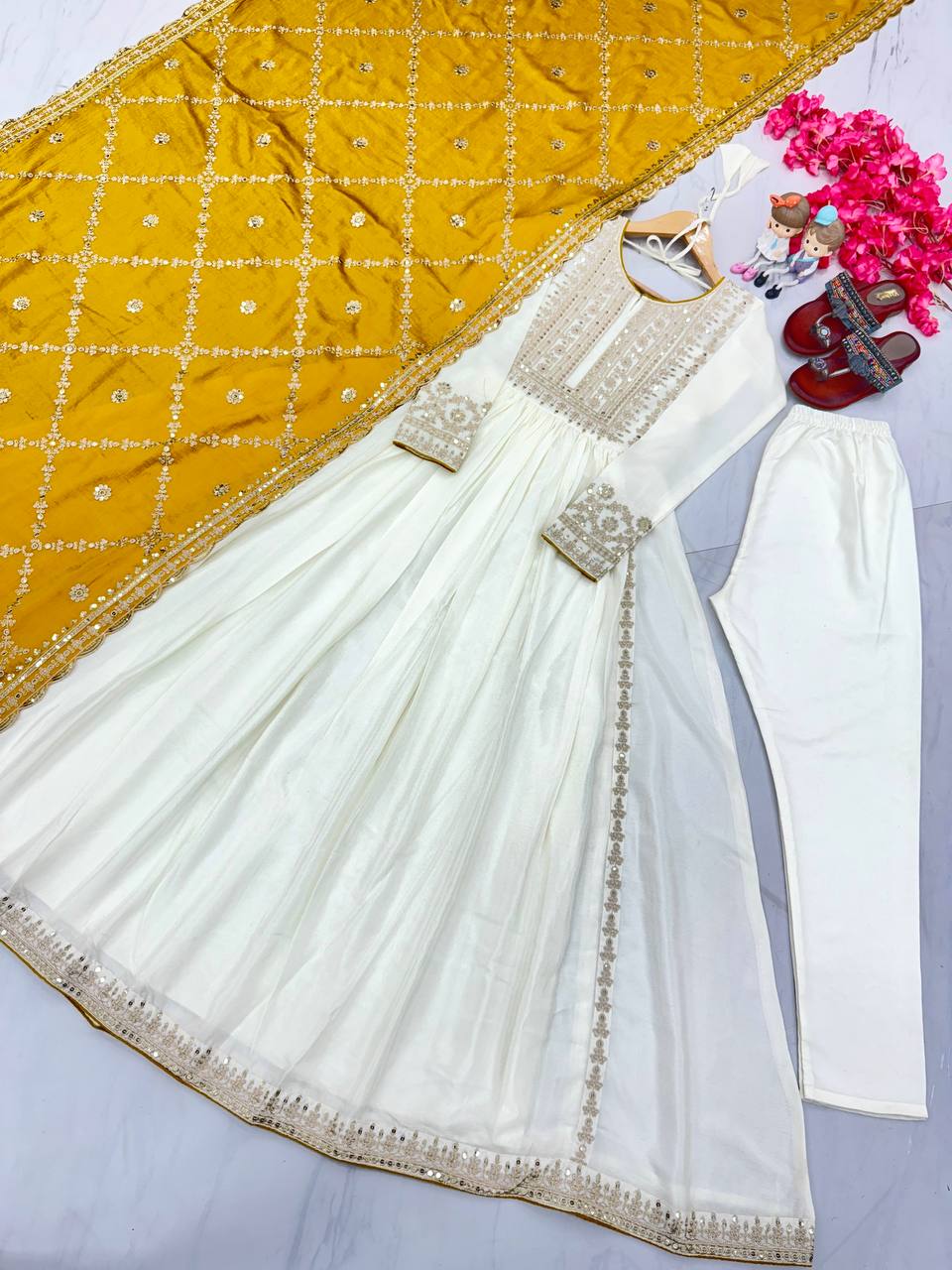 White Premium Designer Fancy Anarkali Gown Set