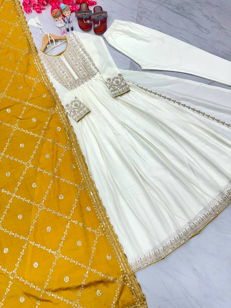 White Premium Designer Fancy Anarkali Gown Set
