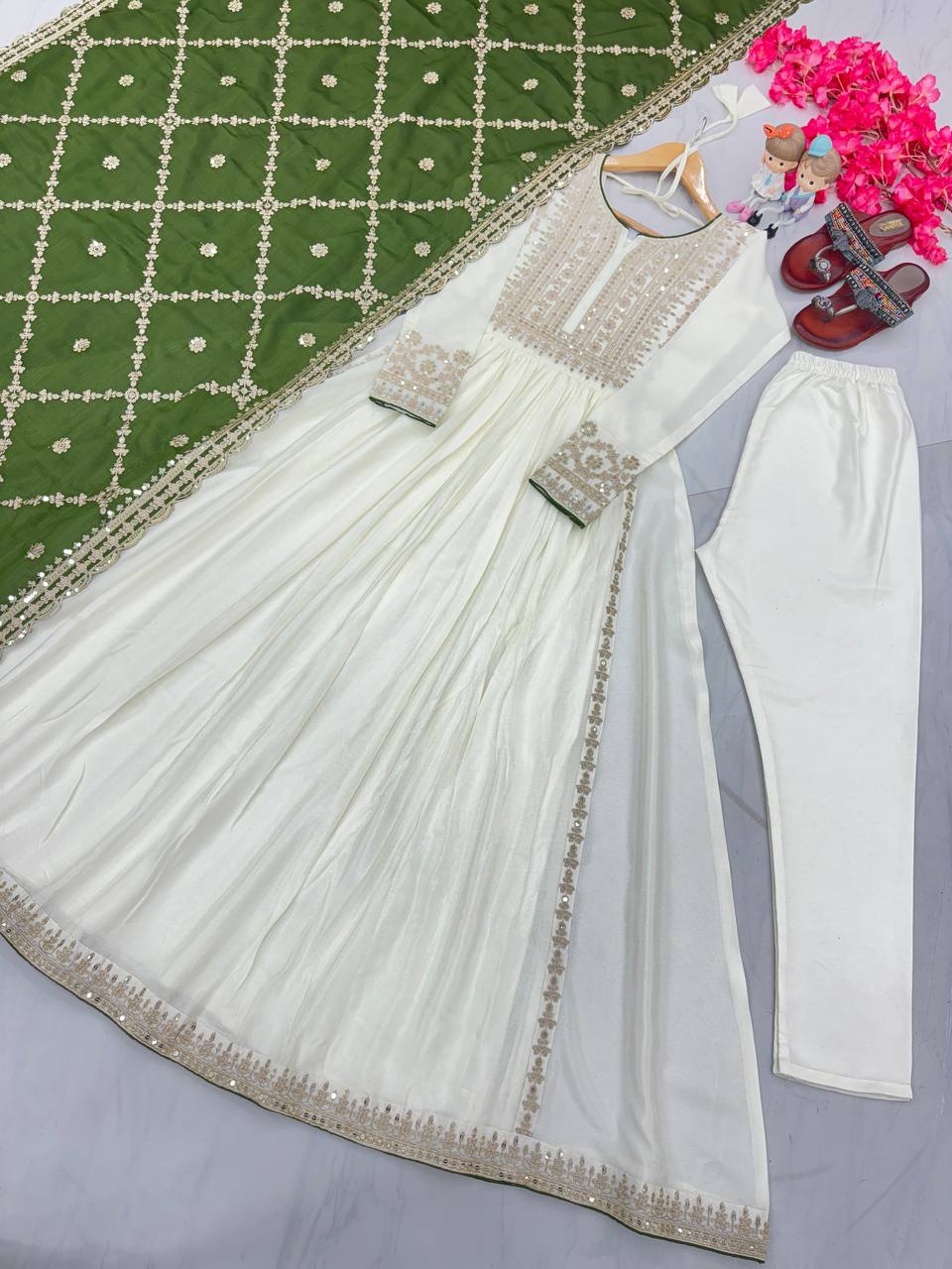 White Premium Designer Fancy Anarkali Gown Set